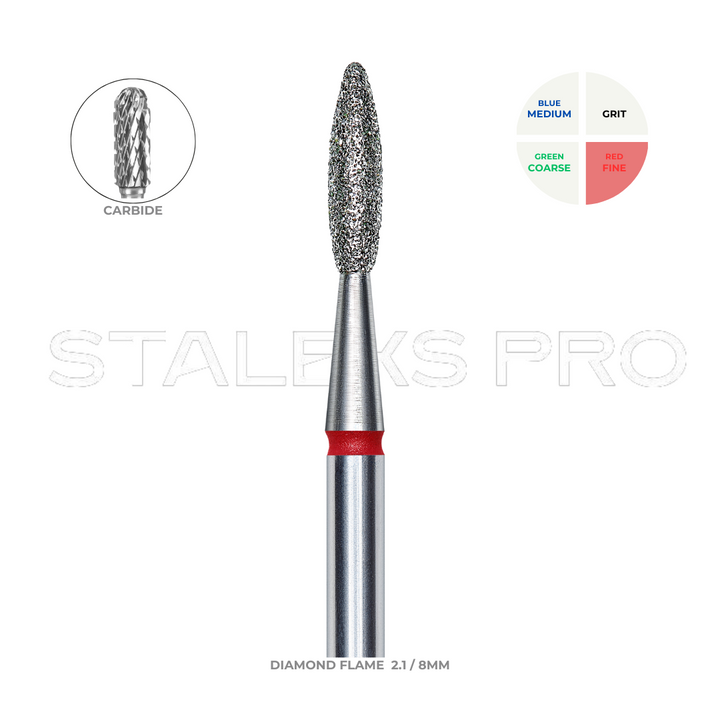 Staleks PRO Diamond Drill Bit | Flame RED |  2.1 mm/8 mm | FINE | FA10R021/8