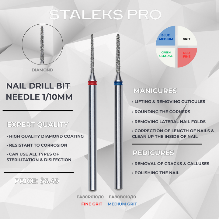 Staleks PRO Diamond Drill Bit – Needle Shape | 1mm x 10mm | Fine (Red) or Medium (Blue) Grit