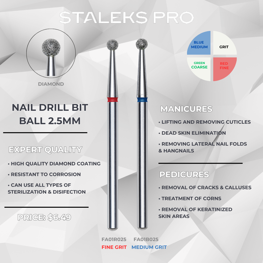 Staleks PRO Diamond Drill Bit – 2.5mm Ball Shape | Red Fine & Blue Medium Grit | FA01_025