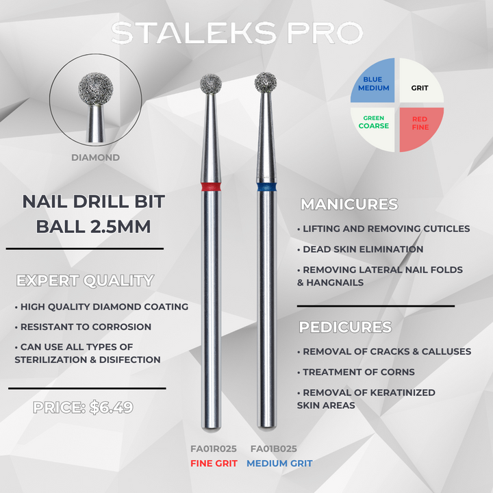 Staleks PRO Diamond Drill Bit – 2.5mm Ball Shape | Red Fine & Blue Medium Grit | FA01_025