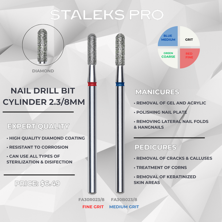 Staleks PRO Diamond Drill Bit – Cylinder Shape | 2.3mm x 8mm | Blue or Red Grit