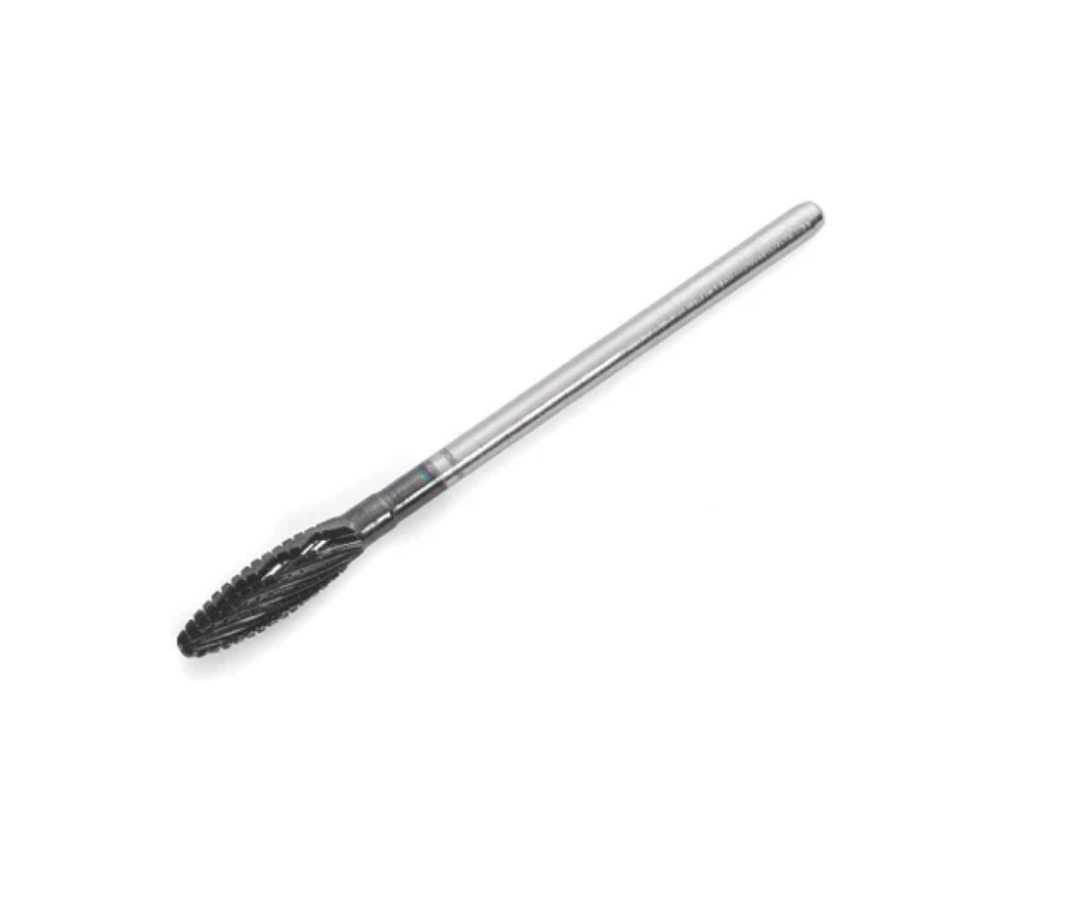 A black diamond carbide nail bit with a metal shank designed for use in nail care.