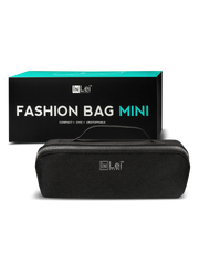 Black mini fashion bag with IN Lei branding and packaging on a white background