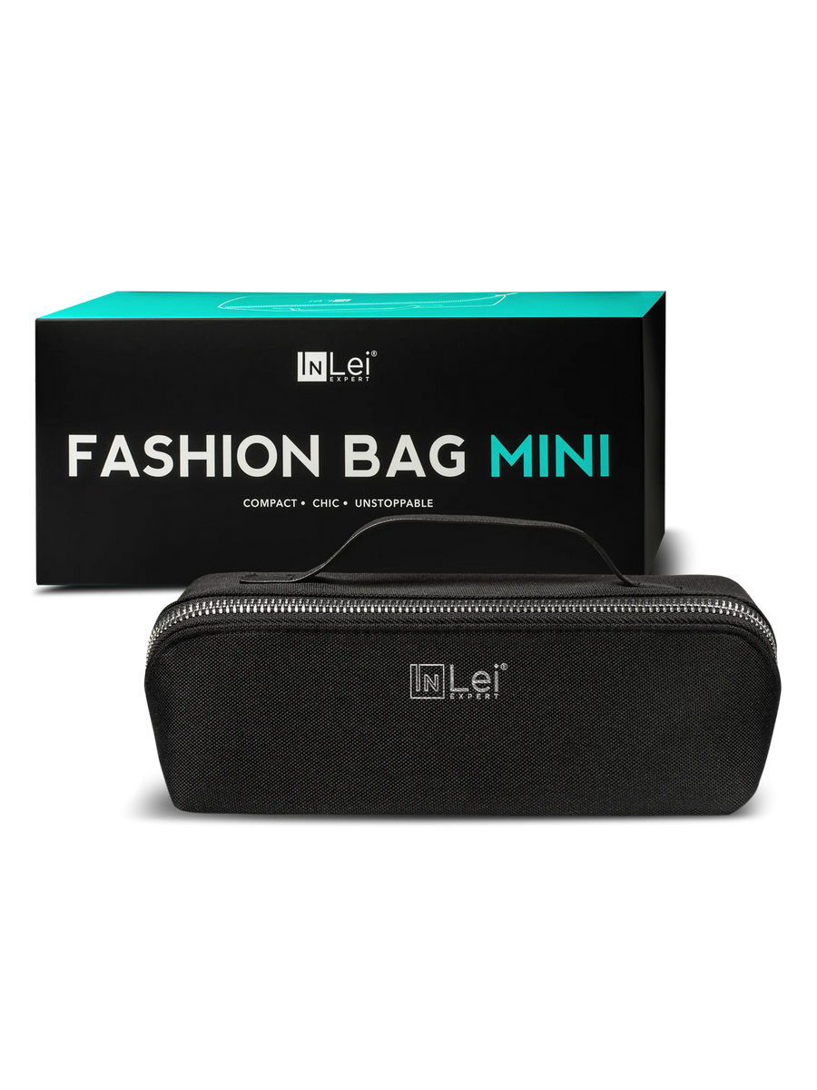 Black mini fashion bag with IN Lei branding and packaging on a white background