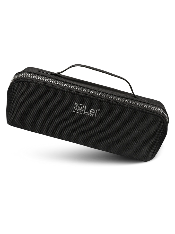 Black carrying case with handle and visible brand logo on a white background