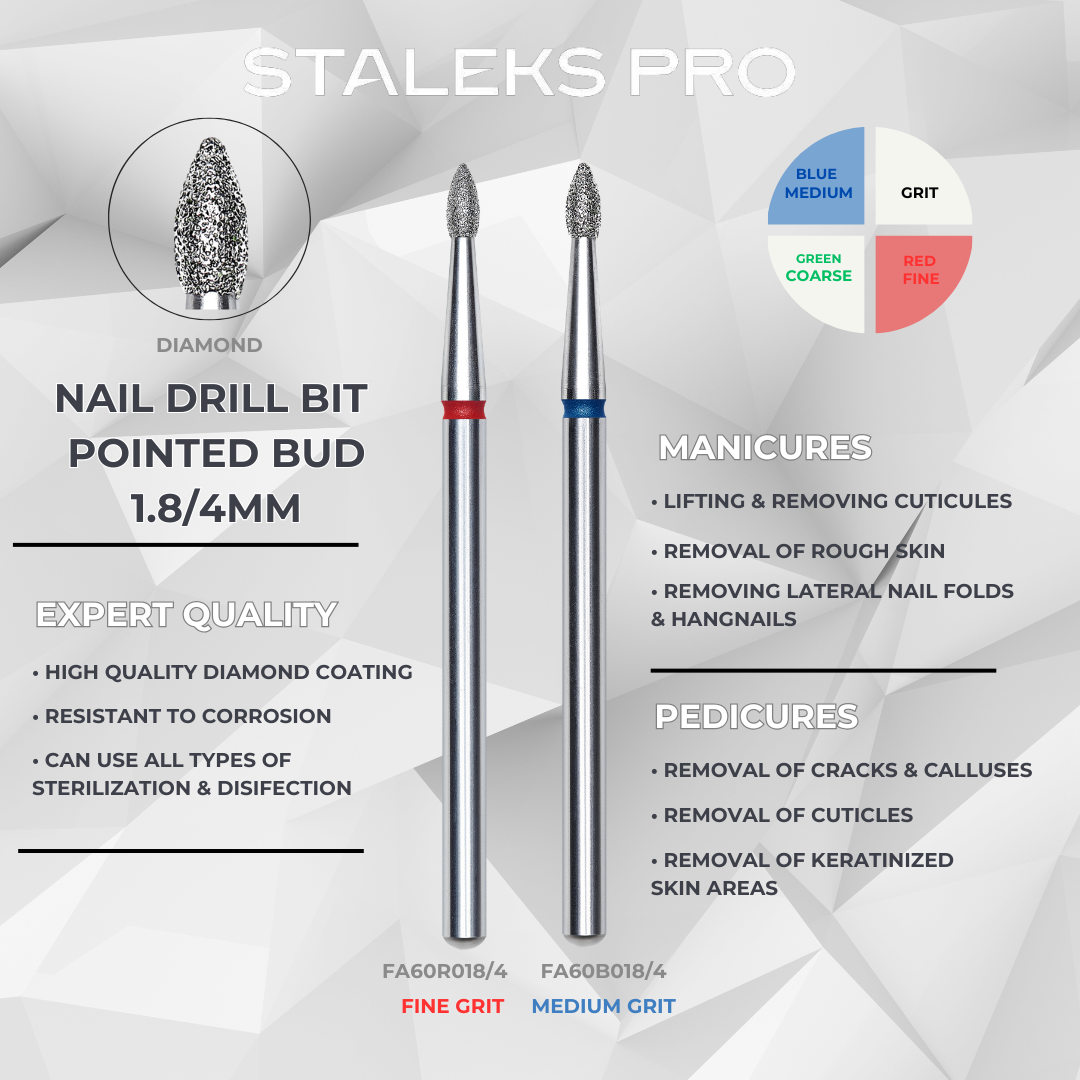 Staleks PRO Diamond Drill Bit | Pointed BUD  | 1.8 mm/4 mm & 25mm/4.5mm | FA60