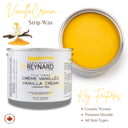 Vanilla Crème strip wax with creamy golden texture in 16oz jar