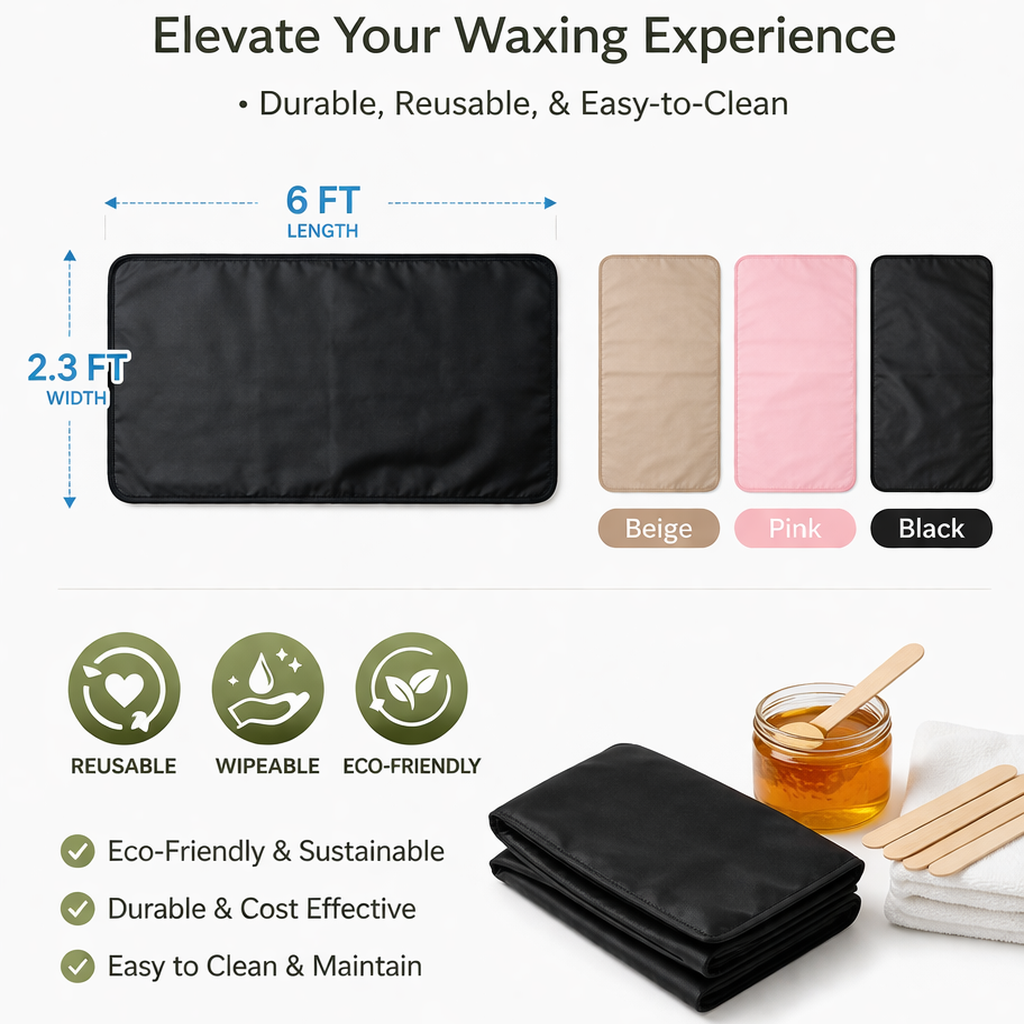 Reusable waxing mats with dimensions, color options, and benefits on a white background