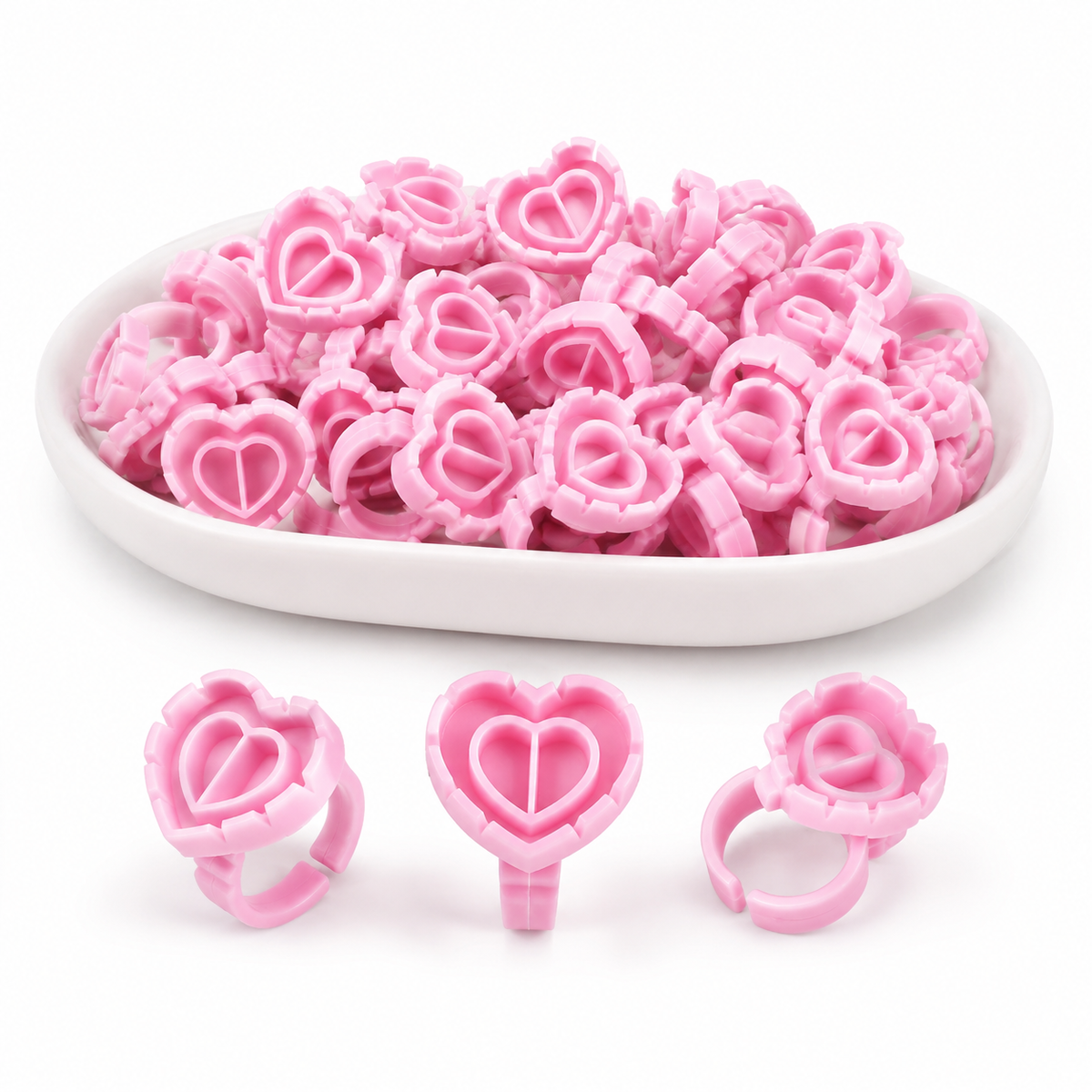 Pink gold and white heart-shaped lash glue rings 100 pack