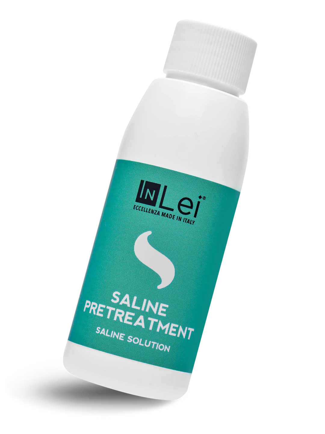 A bottle of InLei Saline Pretreatment solution for eyelash and eyebrow treatments.