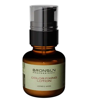 Bronsun Professional Color Fixing Lotion in an amber glass bottle with a black pump dispenser and a beige label.