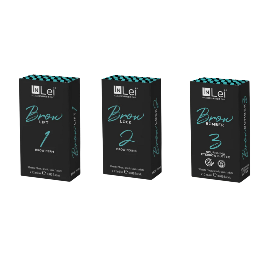 InLei® Brow Bomber 3-Step Lamination Sachet Set – Lift 1, Lock 2, and Bomber 3 single-use brow lamination solutions made in Italy for professional use.