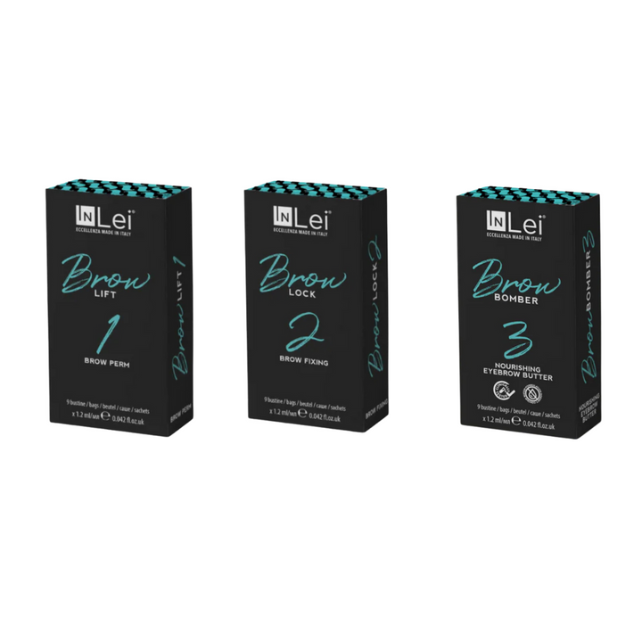 InLei® Brow Bomber 3-Step Lamination Sachet Set – Lift 1, Lock 2, and Bomber 3 single-use brow lamination solutions made in Italy for professional use.