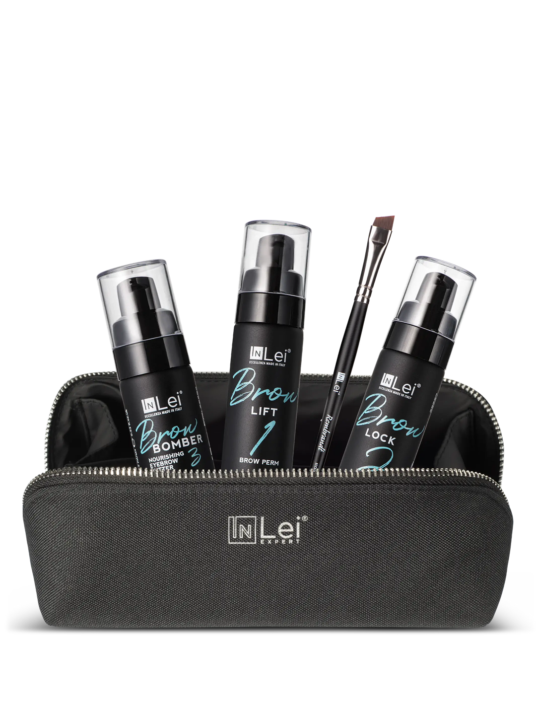 Set of brow lamination products with a black travel bag pouch 