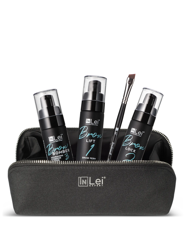 Set of brow lamination products with a black travel bag pouch 