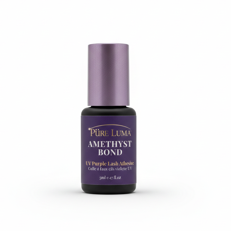 Purple bottle of Pure Luma Amethyst Bond on a white background