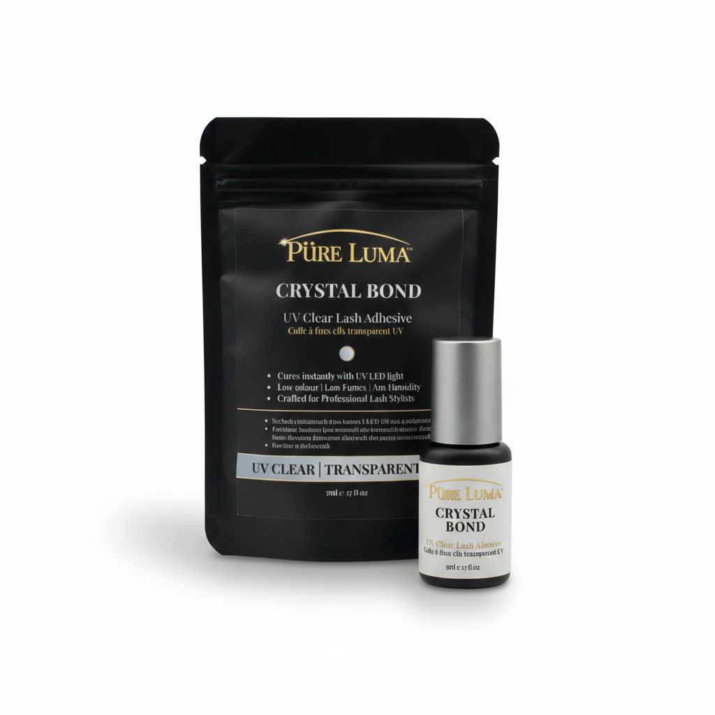 Pure Luma Crystal Bond uv lash adhesive product packaging on a white background