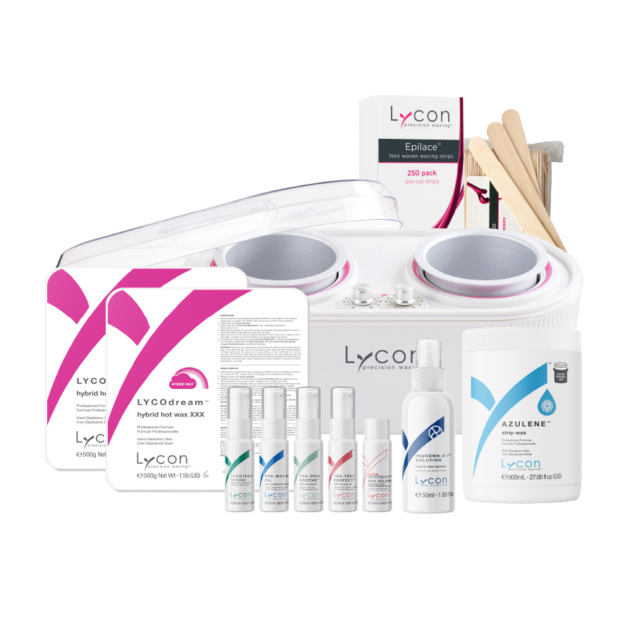 Lycon Complete Professional Waxing Kit with Duo Heater, hot and strip wax, and full prep and aftercare