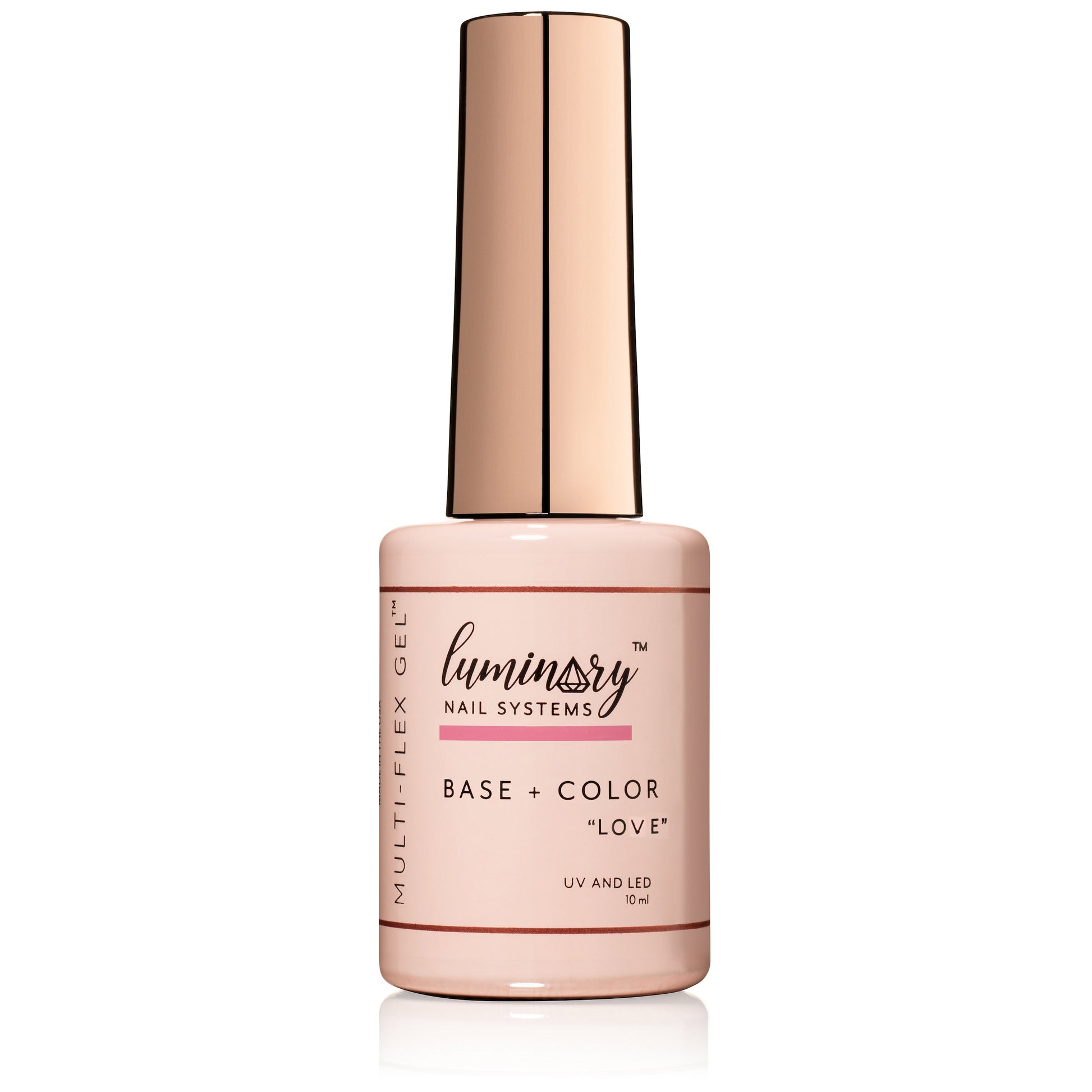 10ml bottle and brush of Luminary Love bright pink builder gel bottle – bold, semi-opaque pink Multi-Flex Gel for vibrant nail overlays and extensions
