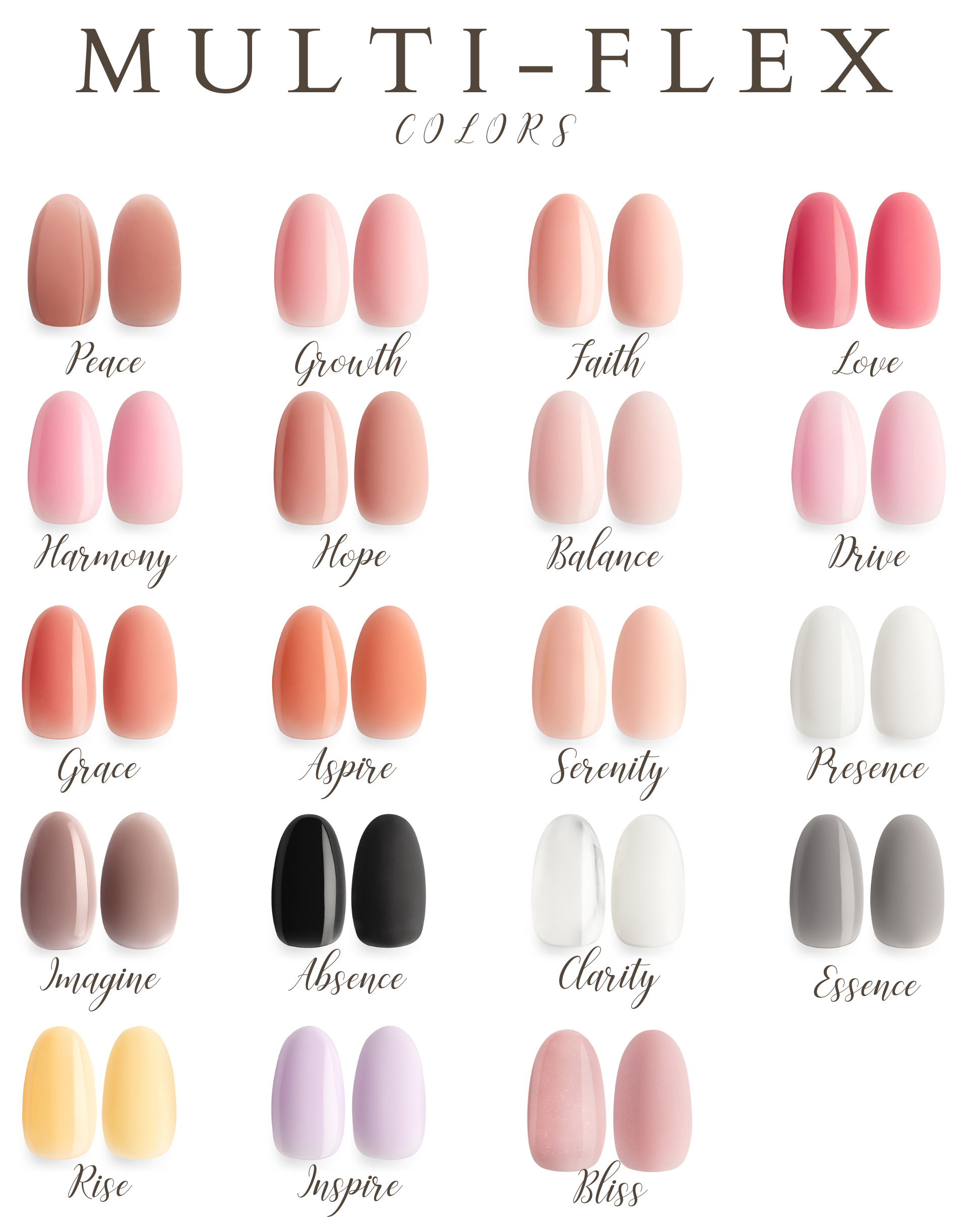 Color swatch chart for 'Multi-Flex' with various shades of pink, red, and black.