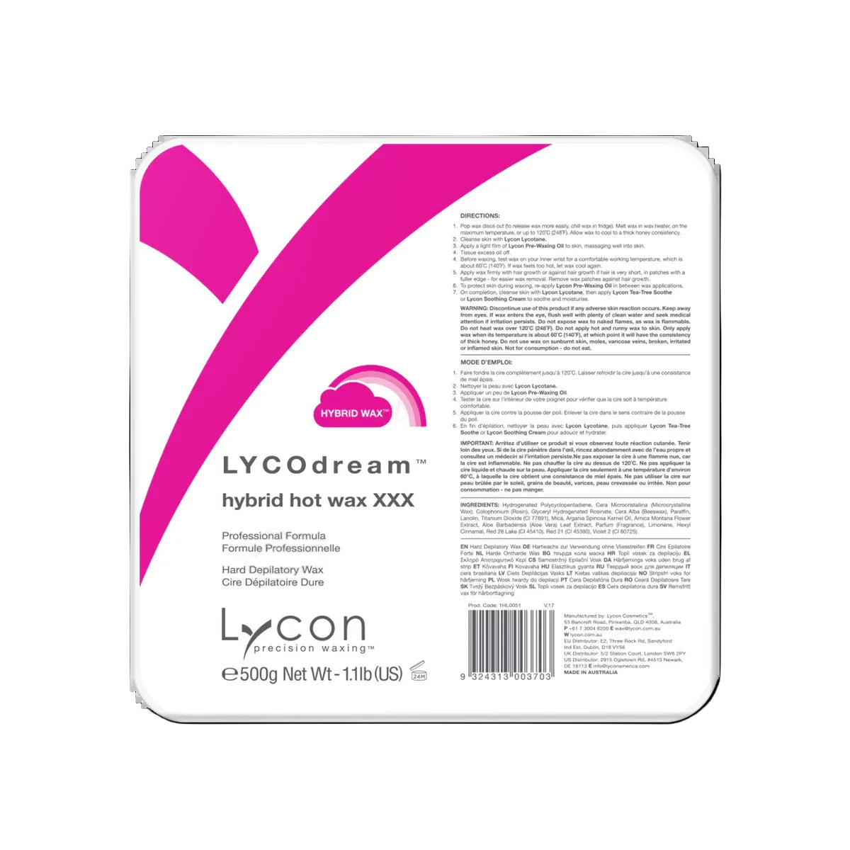 LYCOn hybrid hot wax packaging with pink logo on a white background