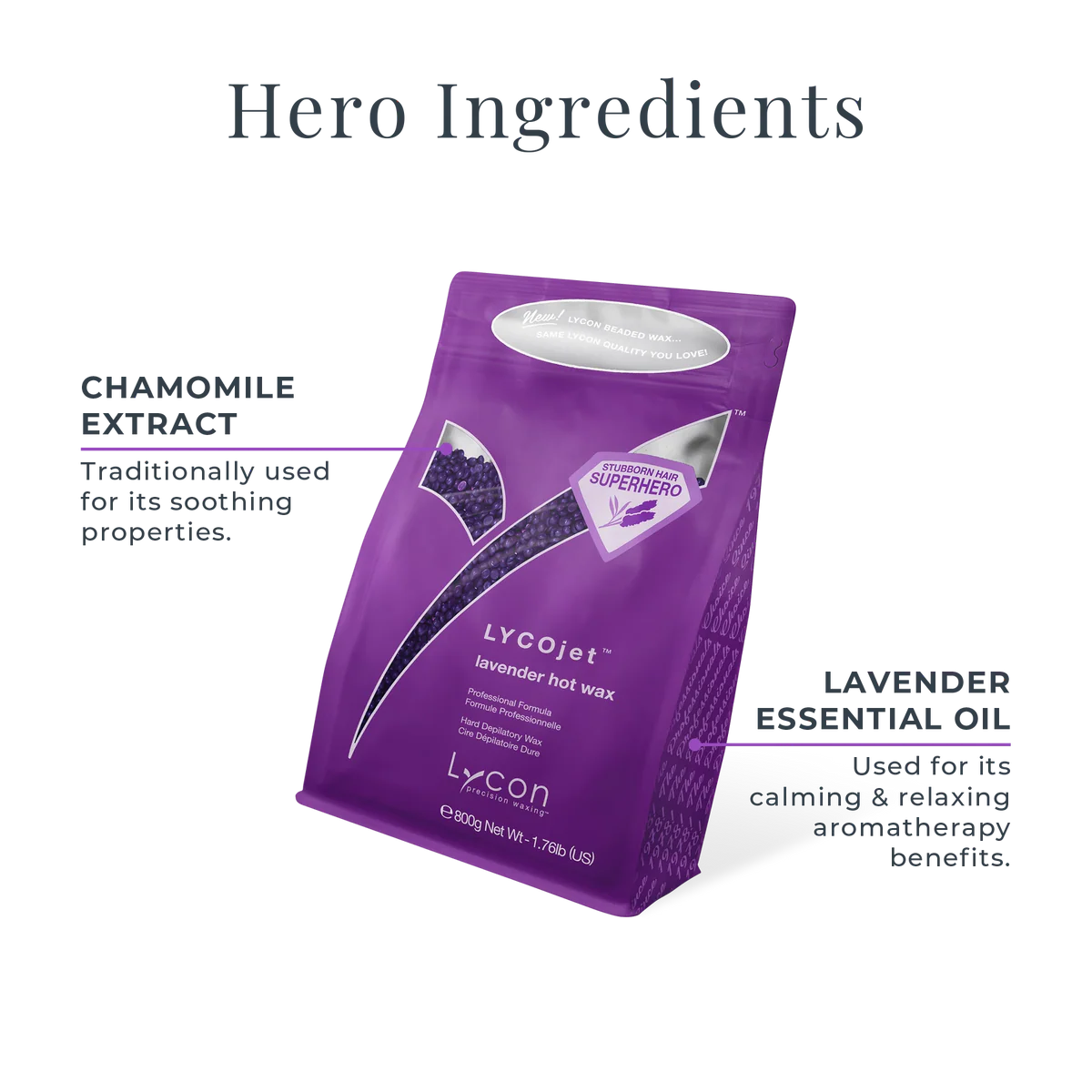 Lycoject Purple wax container with chamomile extract and lavender essential oil text on a white background