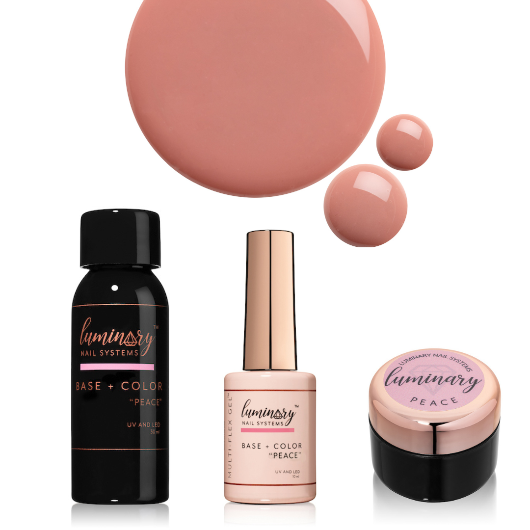 Luminary nail polish set with a pink color swatch on a white background