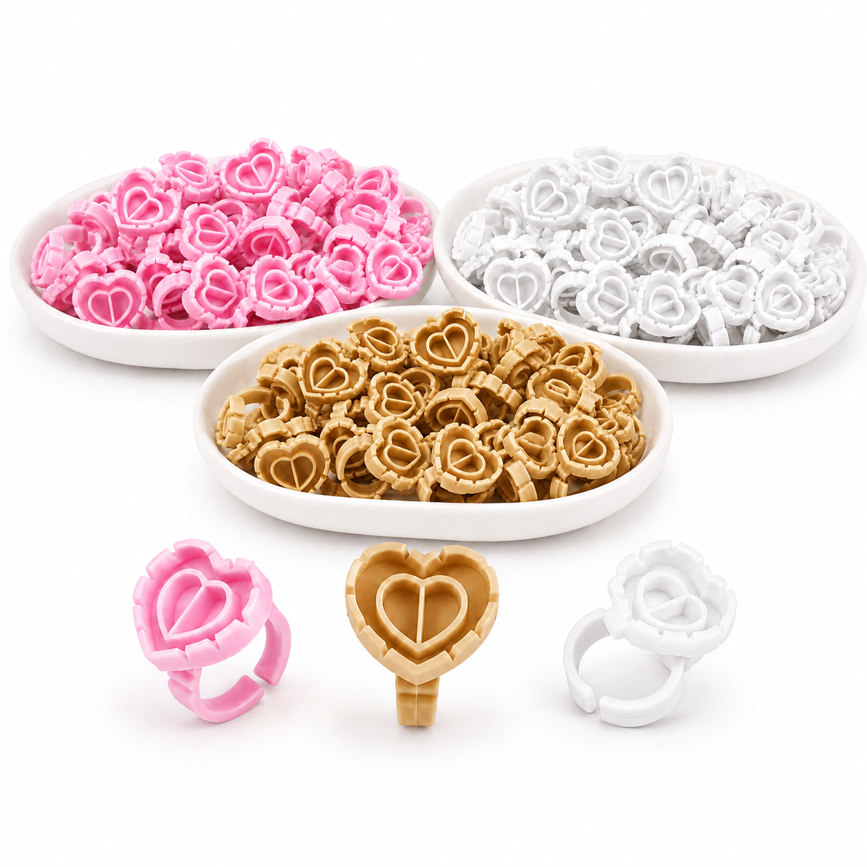 Pink gold and white heart-shaped lash glue rings 100 pack