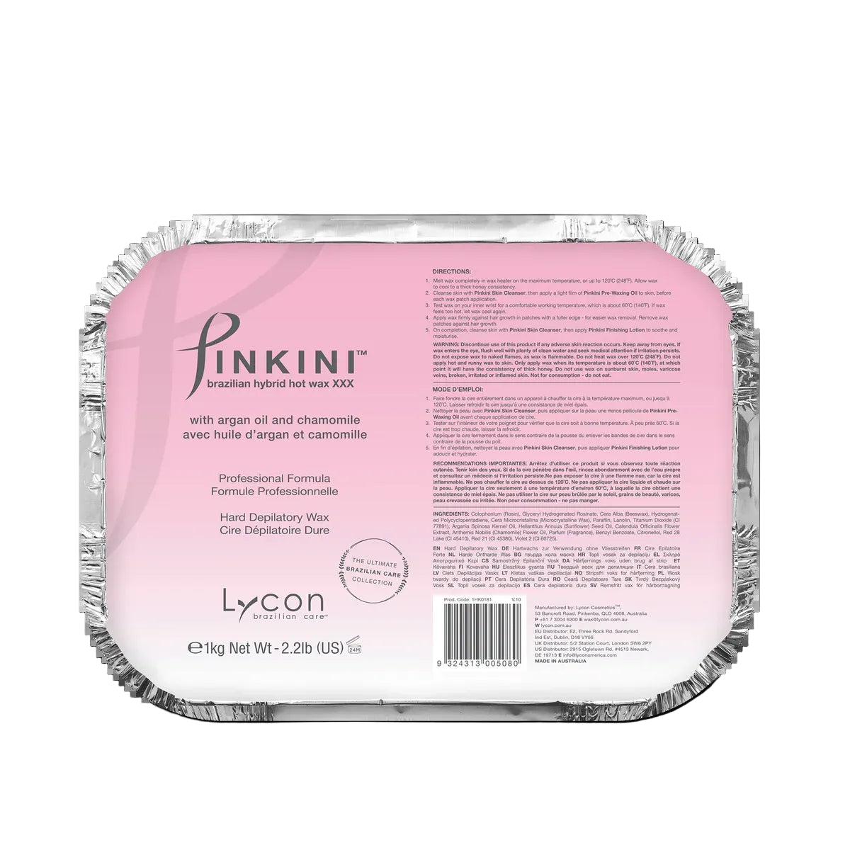 Pink container of Lycon hair removal wax with text on a white background