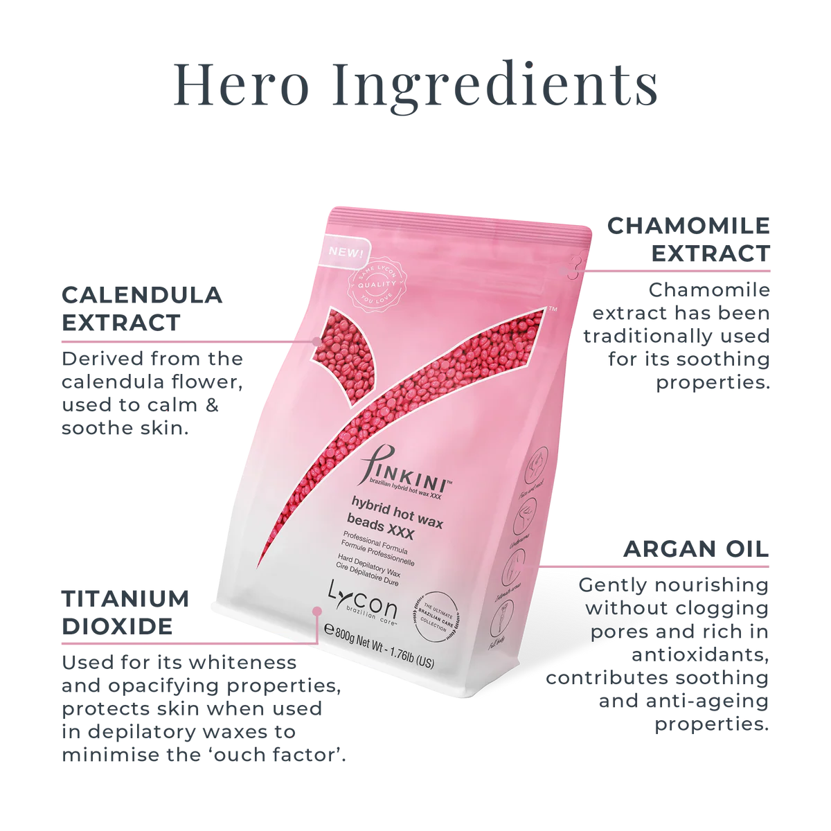 Pinkini with text detailing hero ingredients like chamomile extract, calendula extract, argan oil, and titanium dioxide.