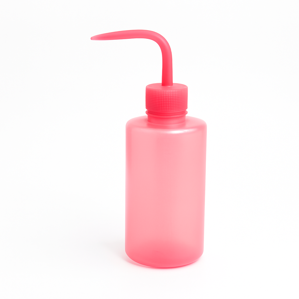 Pink plastic squeeze bottle with a long spout for washing eyes and eyelashes