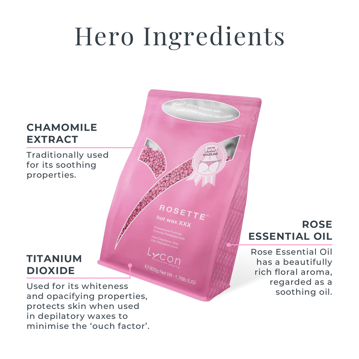 Pink packaging of Lycon product with text on chamomile extract, rose essential oil, and titanium dioxide.