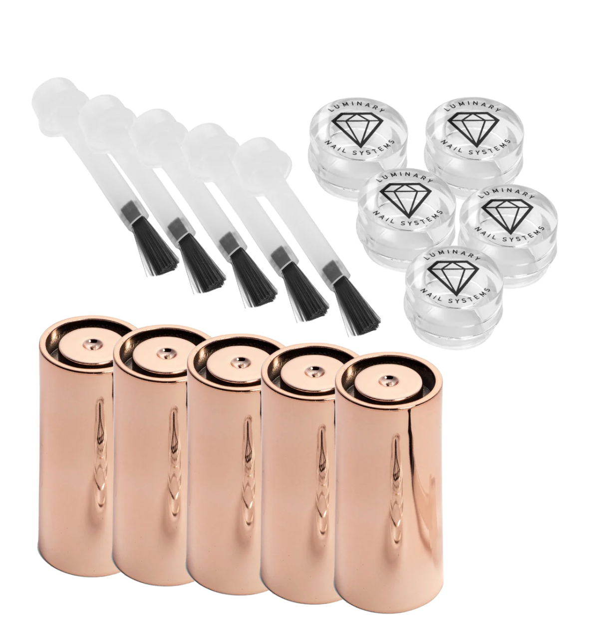 Luminary Colour-Fill Cap Kit with brush, clear colour cap, and rose gold top – Pack of 5