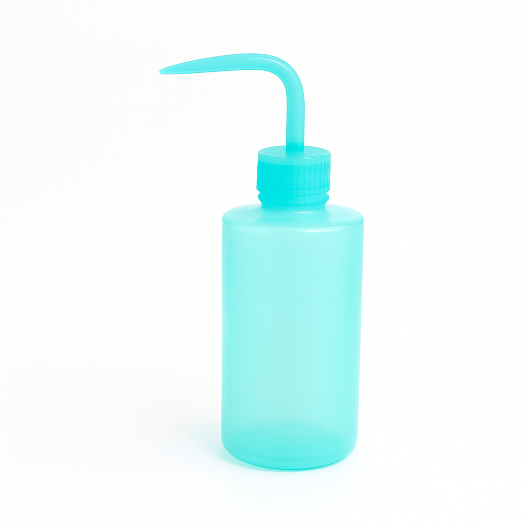 Teal plastic bottle with a long spout for washing eyes and eyelashes