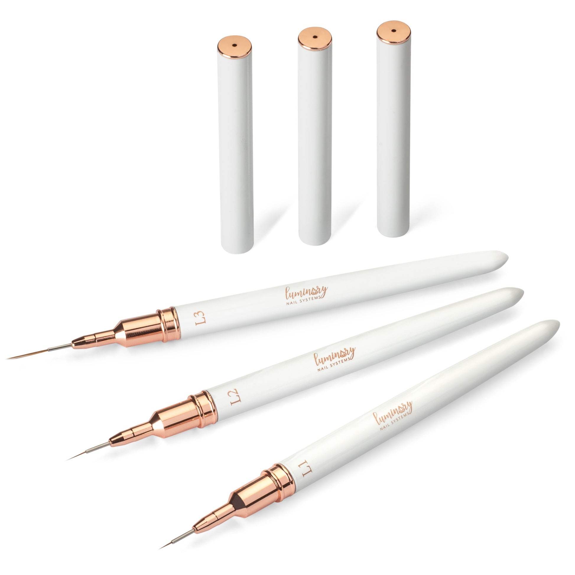 Luminary Detail Brush Kit – 3 precision nail brushes with rose gold lids for nail art and structured manicures