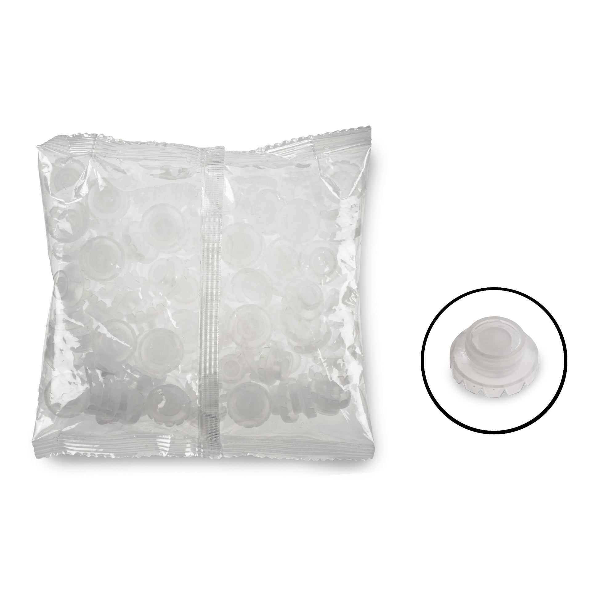 A pack of disposable clear plastic cups designed for use in eyelash extension applications, with a close-up of a single cup showing the V-shaped tip opening.